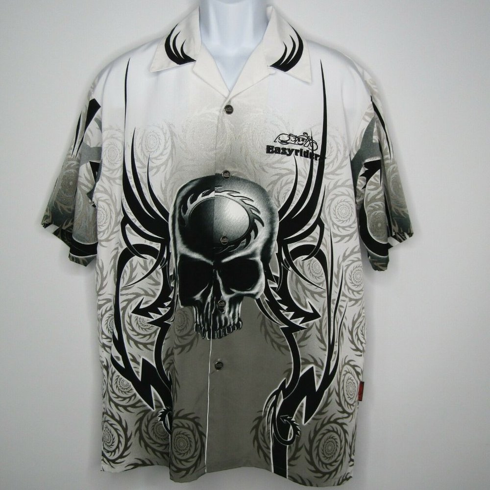 Easyriders Skull Motorcycle White/Black Button Up Shirt Camp Hawaii Mens Medium